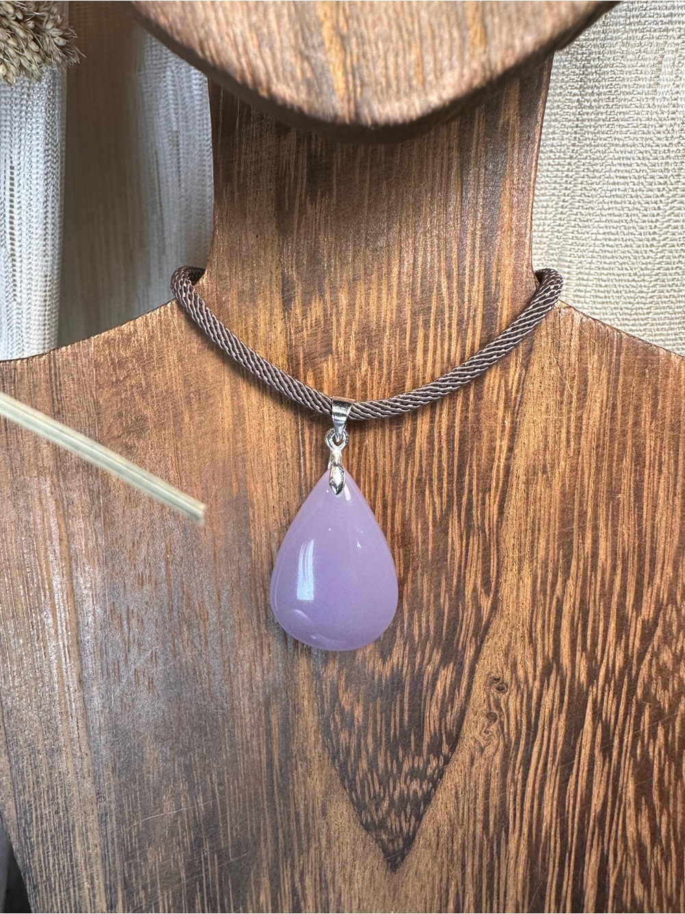 Lavender Teardrop Pendant Necklace on Brown Rope - Picture 6 of 15